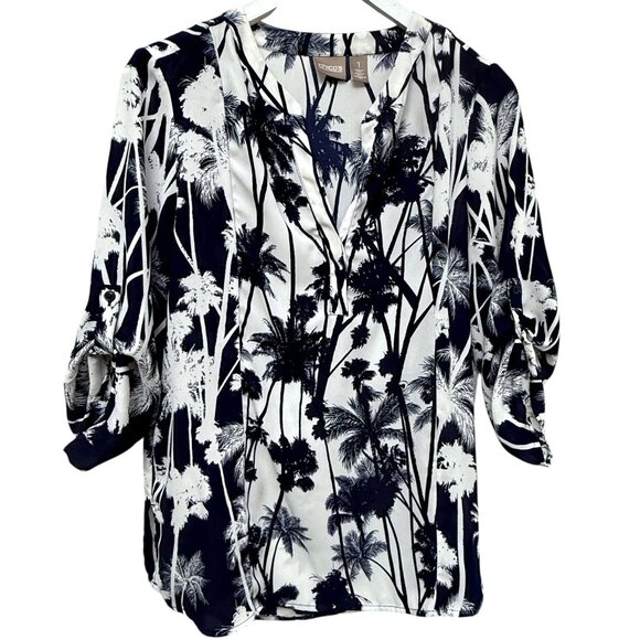 CHICO'S Palm Trees Blouse Navy Blue Medium (Chicos 1) 3/4 Sleeve Womens Top - Picture 1 of 9